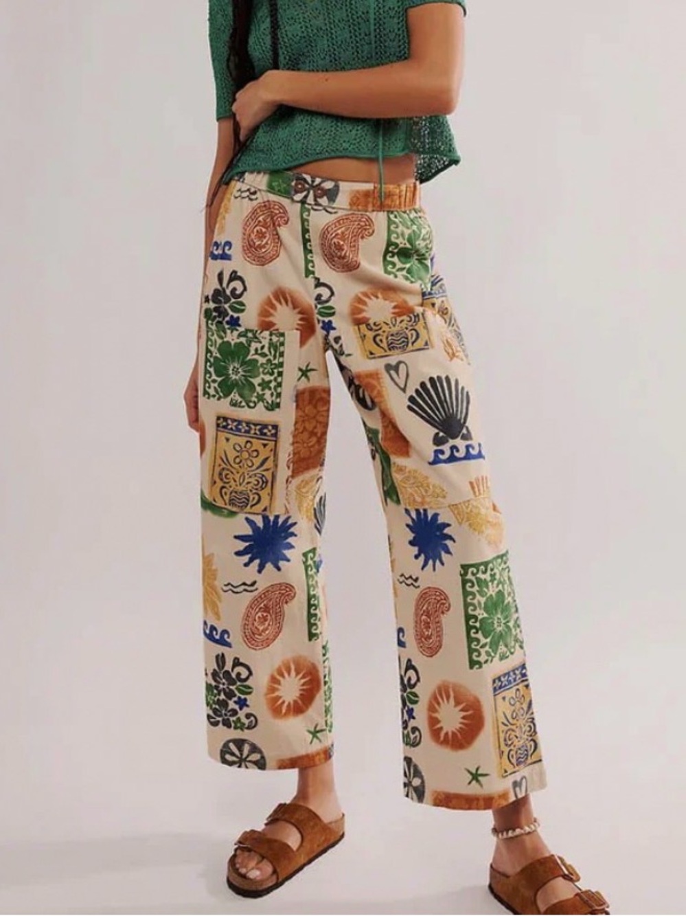 NWOT Women's Free People Seaside Multicolor Printed Wide-Leg Pants Beach Size S